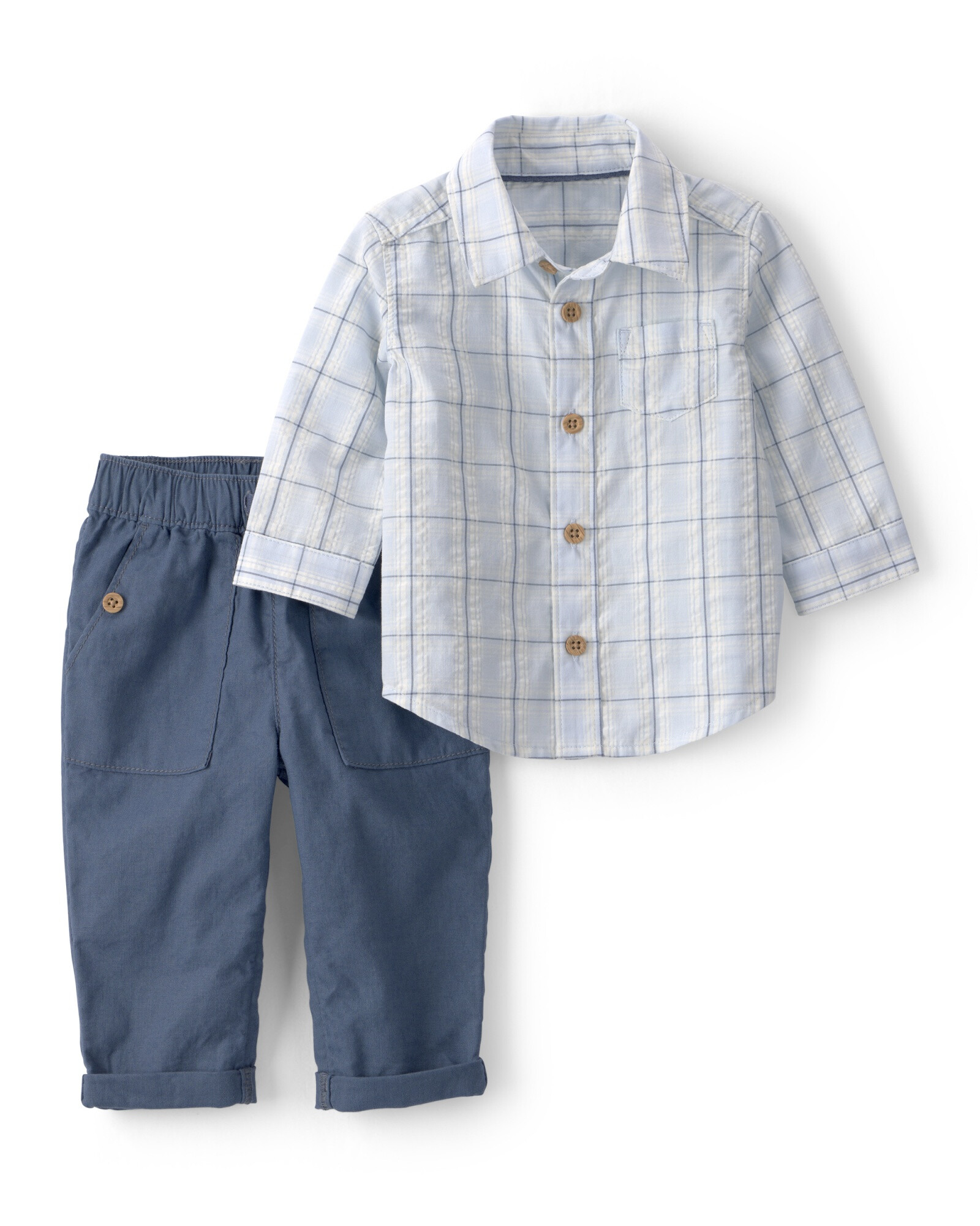 Set dos piezas de algodón, pantalón y camisa a cuadros, azul Sin color