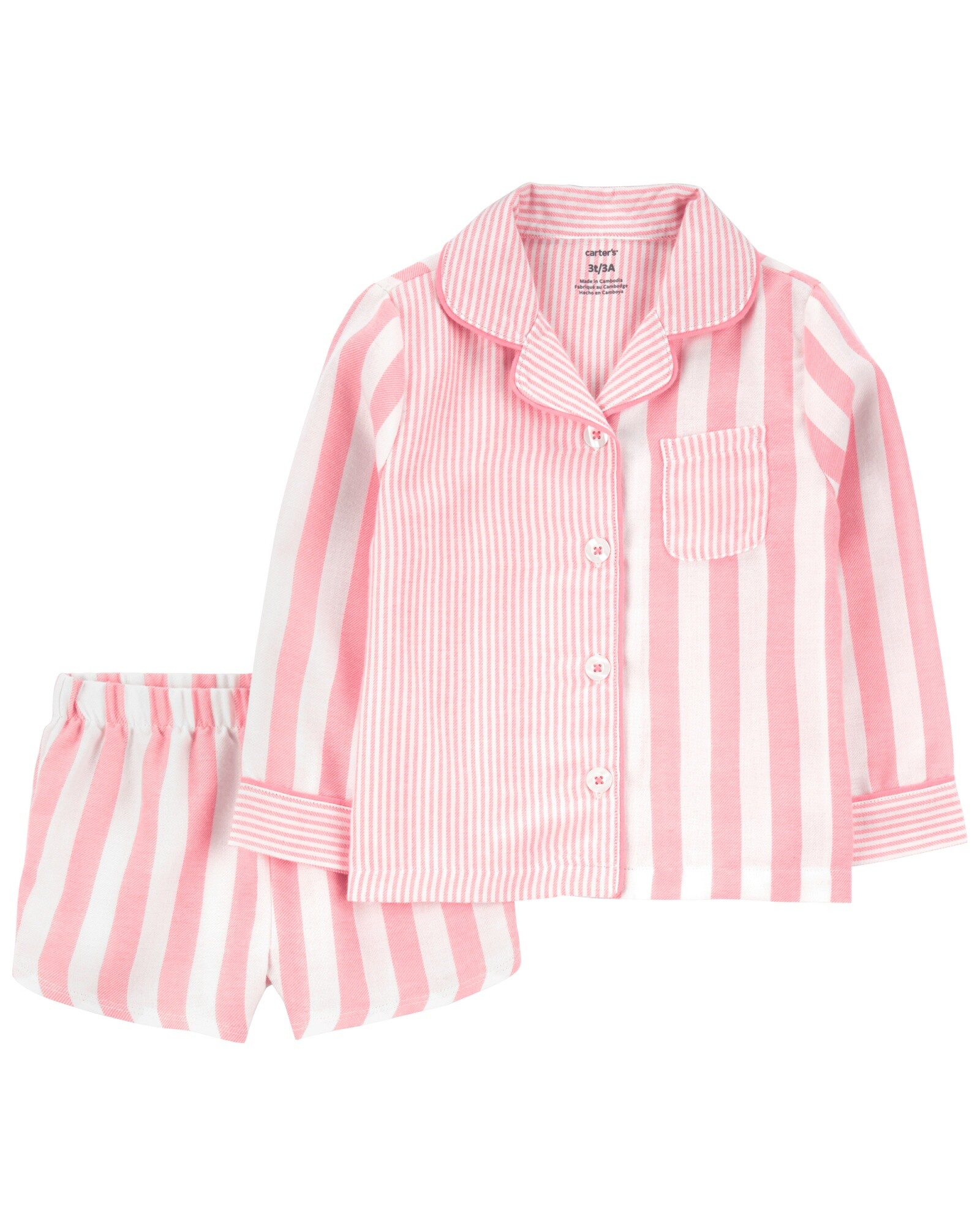 Pijama dos piezas de sarga, short y camisa diseño a rayas. Talles 2-5T Sin color