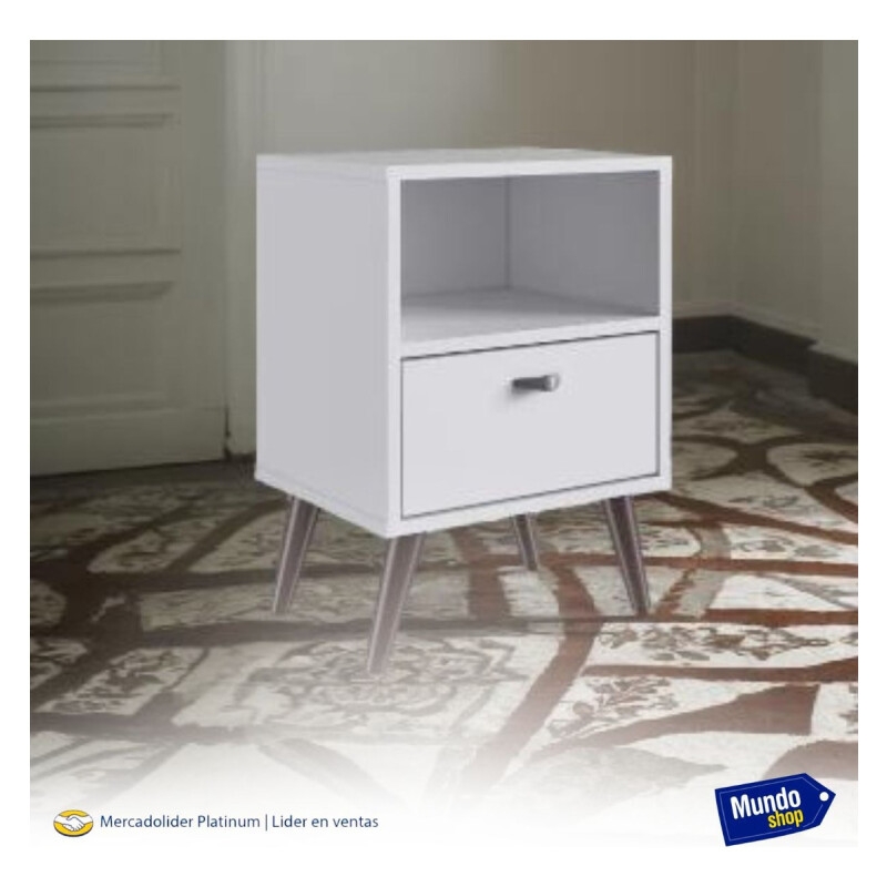Mesa De Luz Nordica Retro Dormitorio 1 Estantes 1 Cajon Pro Blanco
