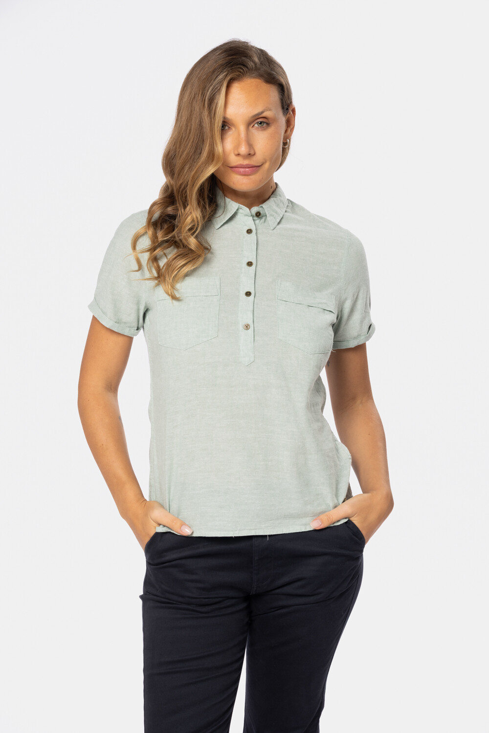 CAMISA DE LINO MEDIO BOTÓN Verde