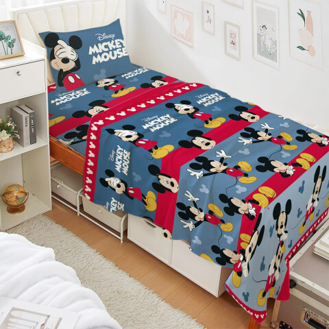 Juego Sábanas Infantiles 1 Plaza 100% Microfibra Mickey Celeste