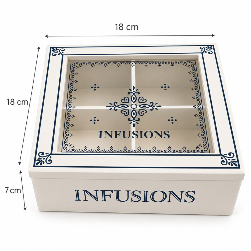 Caja para Sobres de Te Cuadrada con 4 Divisiones 18x18xh7cm Caja para Sobres de Te Cuadrada con 4 Divisiones 18x18xh7cm