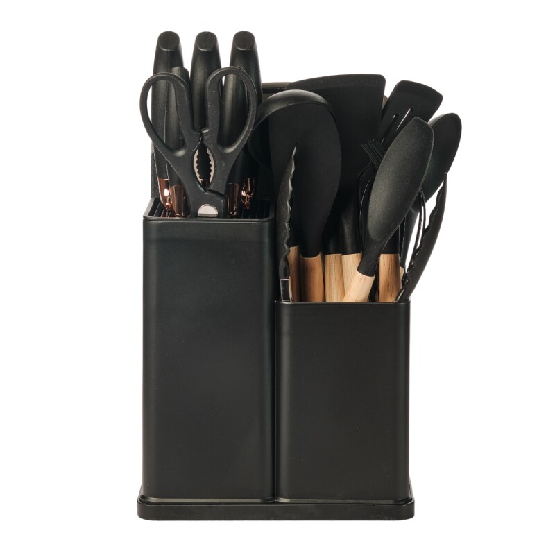 Set 19 Utensilios De Cocina Con Cuchillo Y Tabla Negro