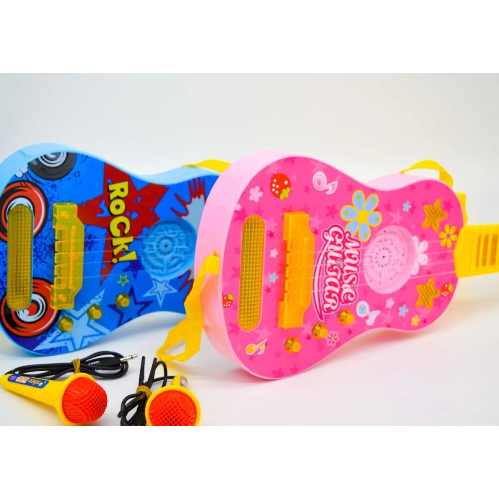 Guitarra con micrófono, luces y melodías Rosa