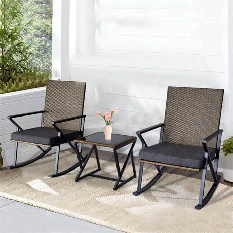 Juego Jardín Set X3 Silla Mecedora Ratán + Mesa Patio Marron