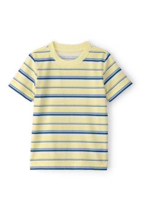 Remera de algodón, manga corta, amarilla y azul, diseño a rayas Sin color