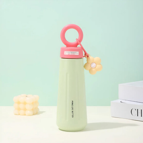 Botella térmica de acero con asa y colgante de flor 450ml Verde