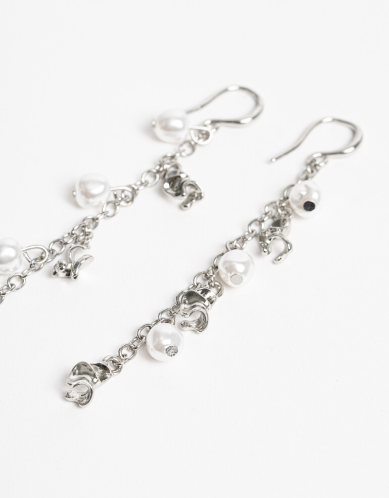 Aros Colgantes Largos Perlas Aros Colgantes Largos Metal Y Perla - Plateado Rodio