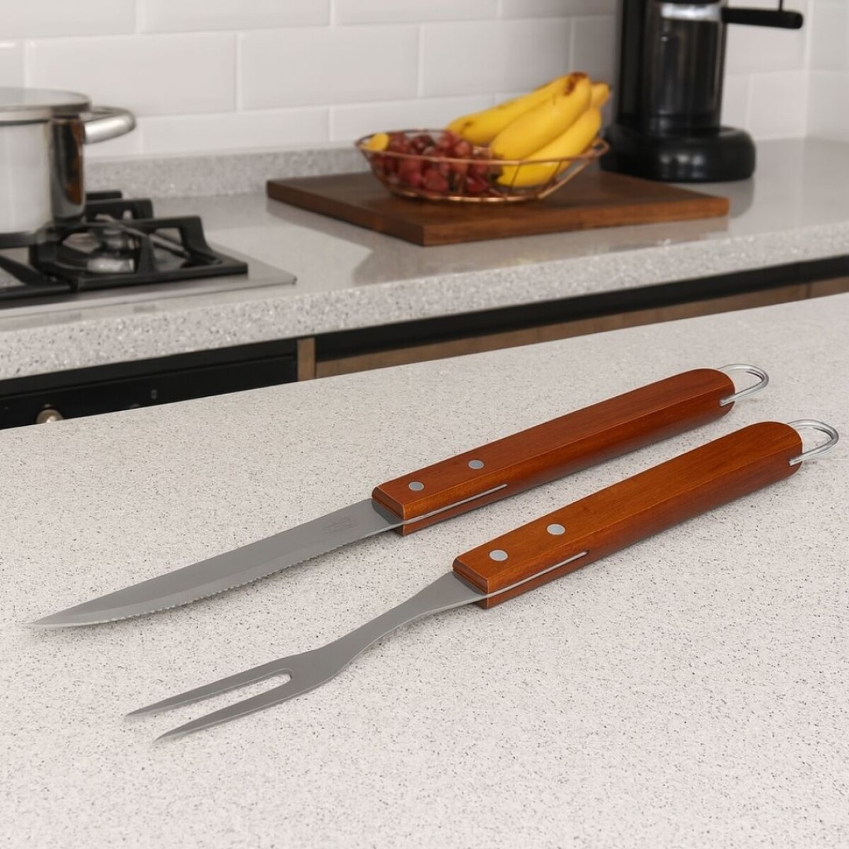 Set Asado Parrillero Cuchillo + Tenedor Madera Mor 37cm 