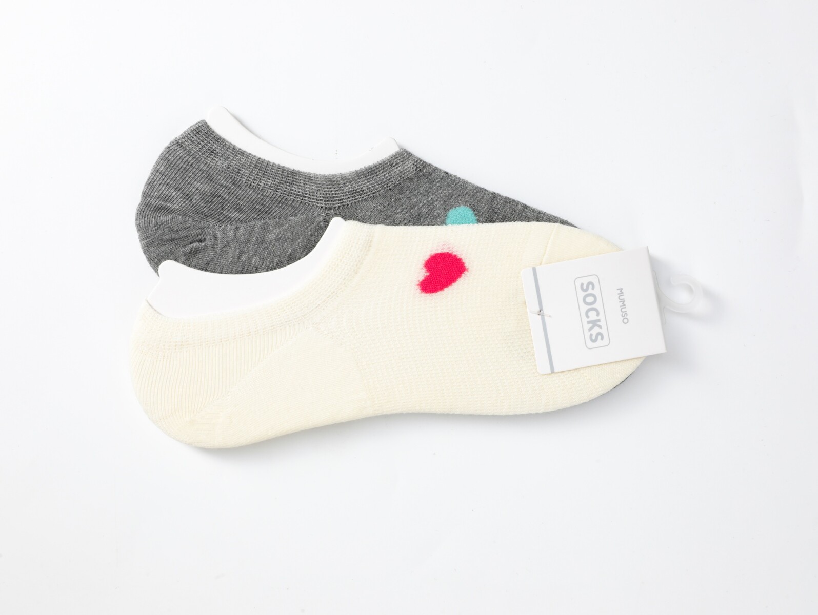 CALCETINES INVISIBLES DE MUJER CON CORAZONES (2 PARES/GRIS Y BLANCO) 