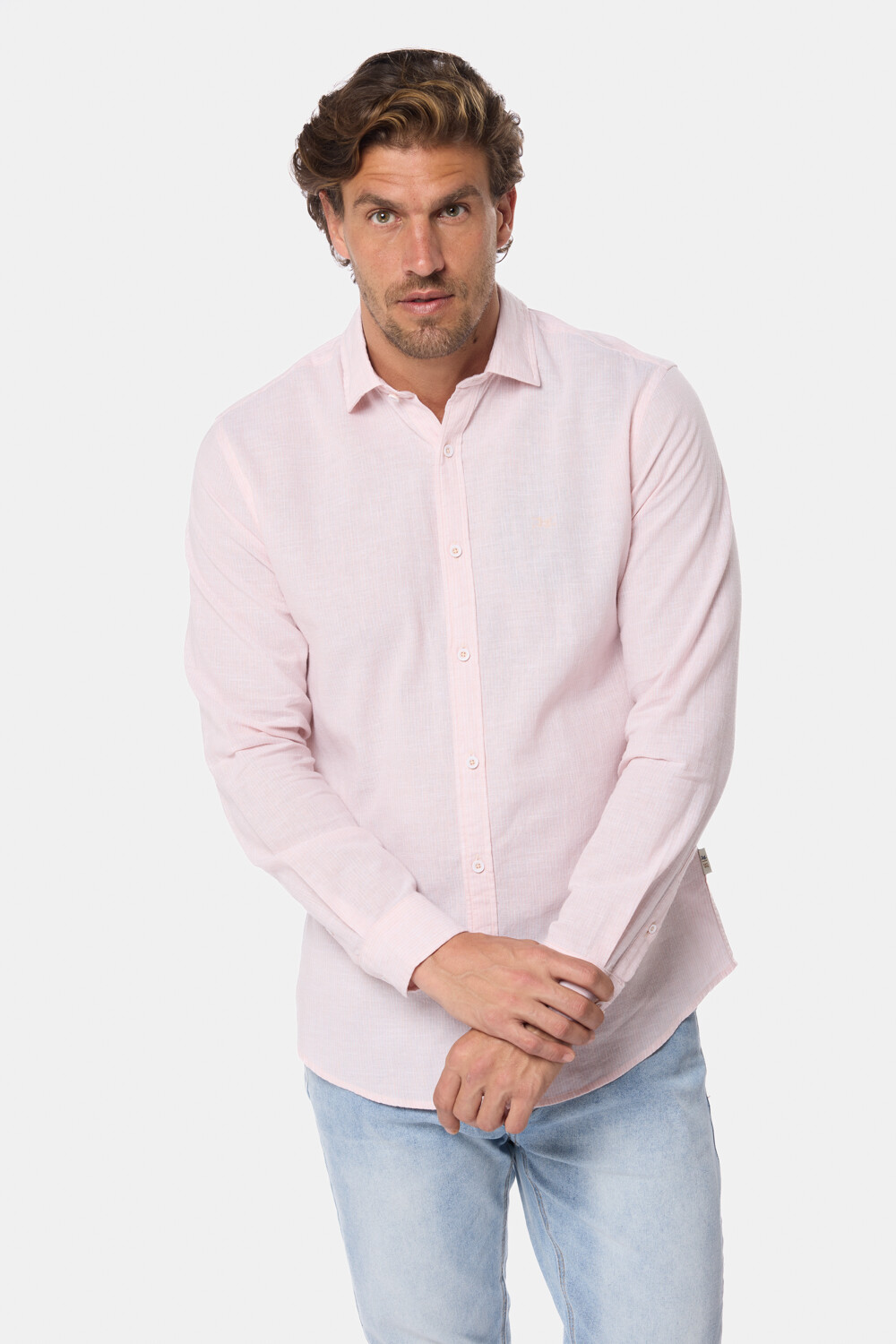 CAMISA DE LINO RAYADA Rosa