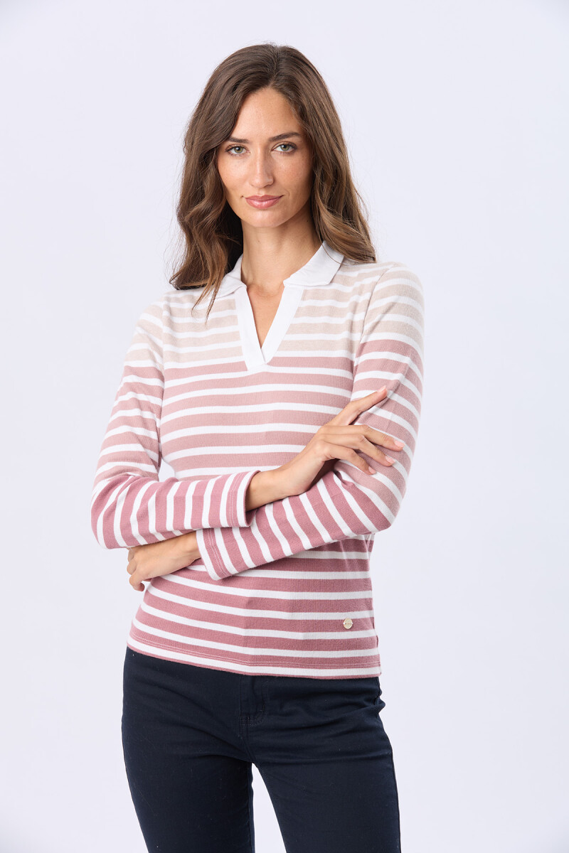 POLO RAYADA EN RIB - Blanco 