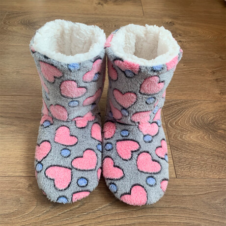 Pantufla Botín Diseño De Corazones Gris/Rosa Fuerte