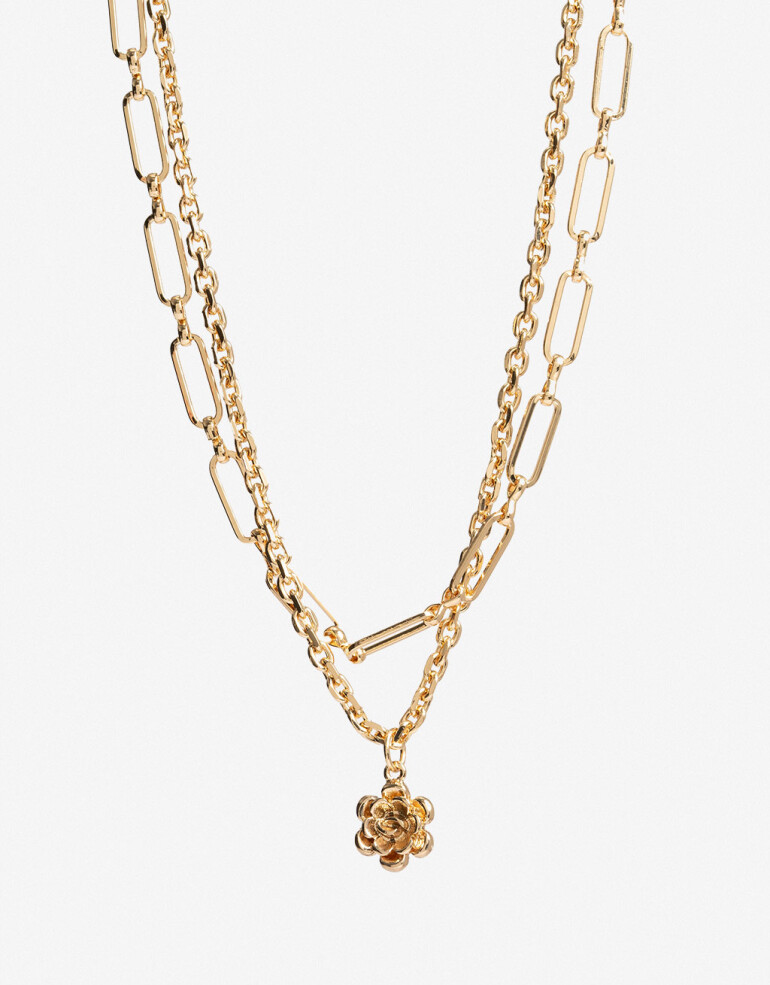 Collares Cortos Con Dijes Collar Corto Multicadena Flor - Dorado