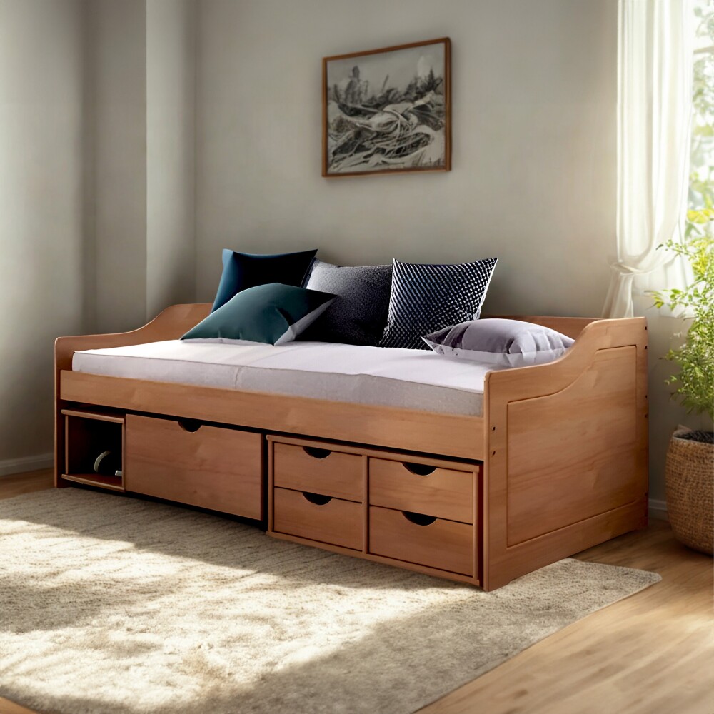 Cama Madera Maciza Con Cajones - 1 plaza - Linea Floro / Funcional Amendoa