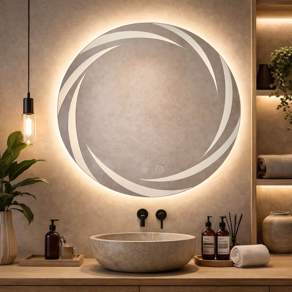 Espejo Led Torneado Redondo Led04 70cm Desempañador - ESPEJO REDONDO LED04 70CM LED TORNEADO 