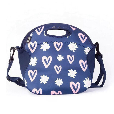 Lunchera Neopreno Brio Bolso Térmico c/Asa Correa Ajustable Azul Con Flores Y Corazones