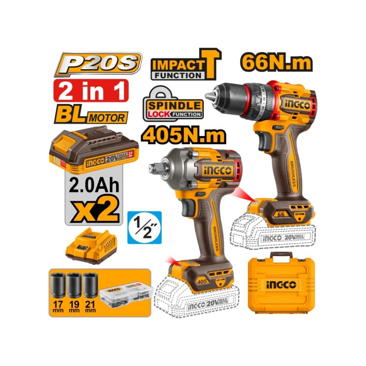 Kit Combo Inalámbrico INGCO CKLI20286 20V Taladro Percutor 66 Nm + Llave de Impacto 405 Nm Kit Combo Inalámbrico INGCO CKLI20286 20V Taladro Percutor 66 Nm + Llave de Impacto 405 Nm