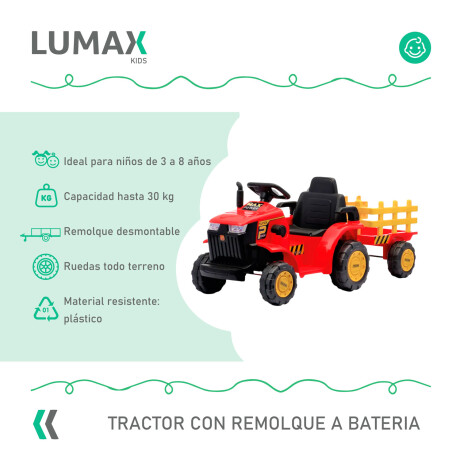 Tractor con Remolque Lumax a Batería con luces y sonido mp3 Rojo