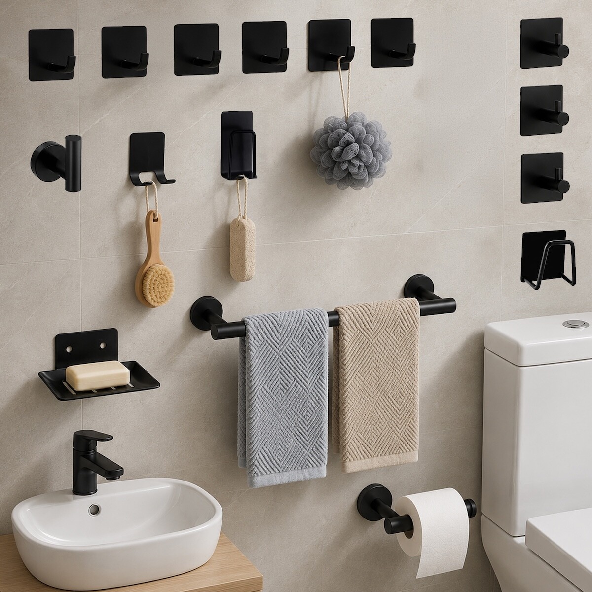 Set De Accesorios Para Baño Juego 16 Piezas Acero Inoxidable IMBACK Color Negro 