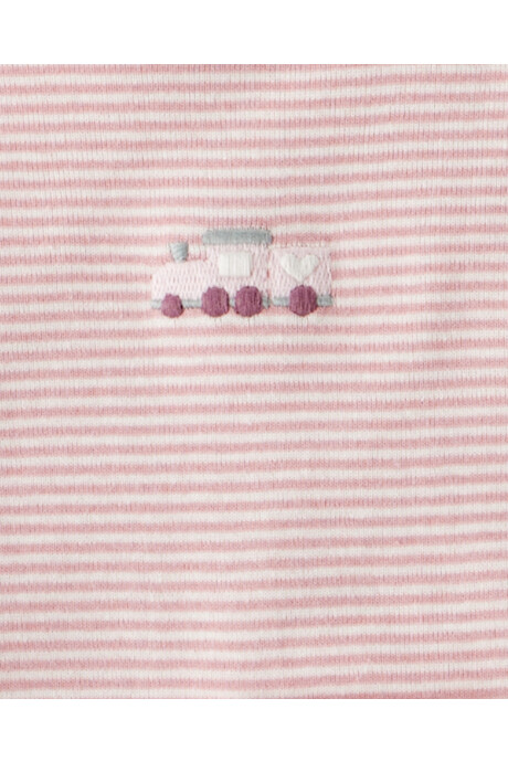 Set tres piezas de algodón, pantalón y dos bodies, rosados, diseño trenes Sin color