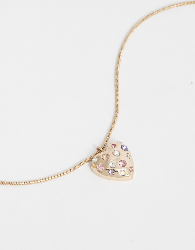 Cadena Corta con Dije Con corazón Collar Corto Con Strass Multicolor - Dorado