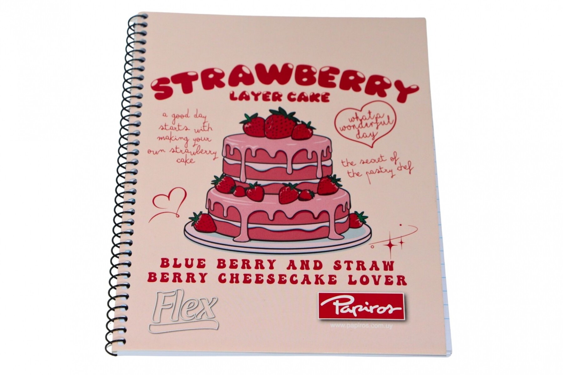CUADERNO PAPIROS CON ESPIRAL DE 96 HOJAS - TAPA TORTA FRUTILLA 