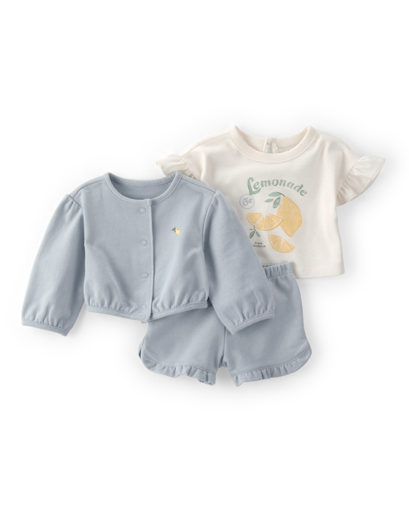Set tres piezas de algodón, short, saco y remera, azul y crema, estampa limonada Sin color