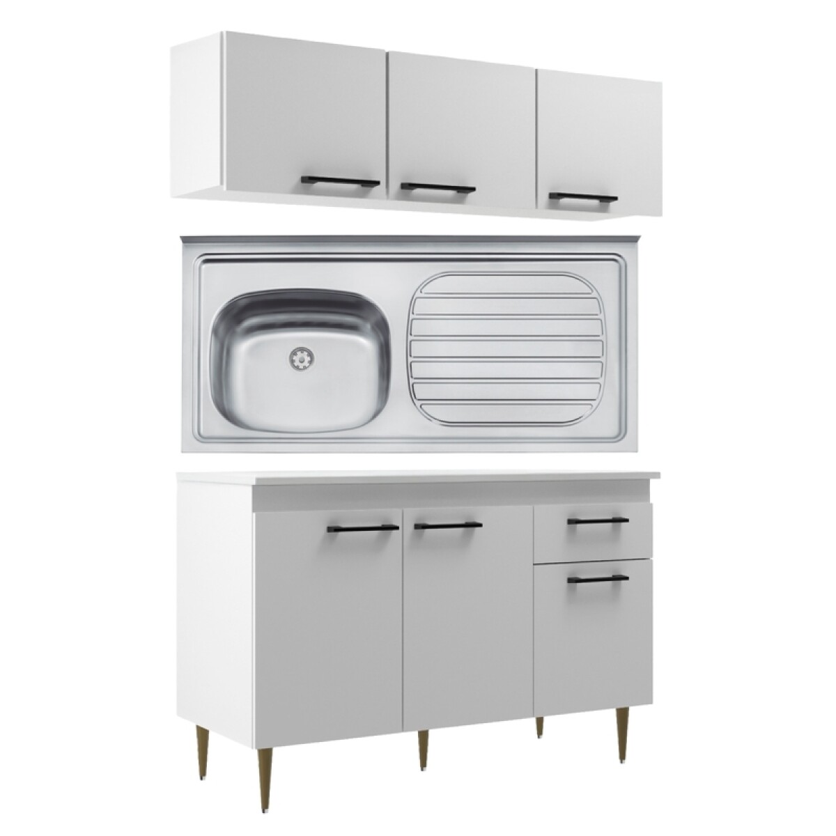Bajo Mesada 3 Puertas 1 Cajón + Pileta Izquierda Tramontina Acero Inoxidable + Aéreo 3 Puertas - Blanco 