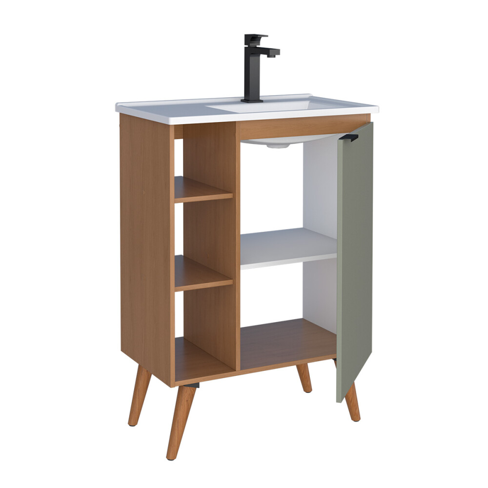 MUEBLE BAÑO EN MADERA HORTENSIA JEQUITIBÁ COLOR VERDE CON LAVAMANOS EN PATAS DE MADERA MACIZA Mueble Baño En Madera Hortensia Jequitibá Color Verde Con Lavamanos En Patas De Madera Maciza