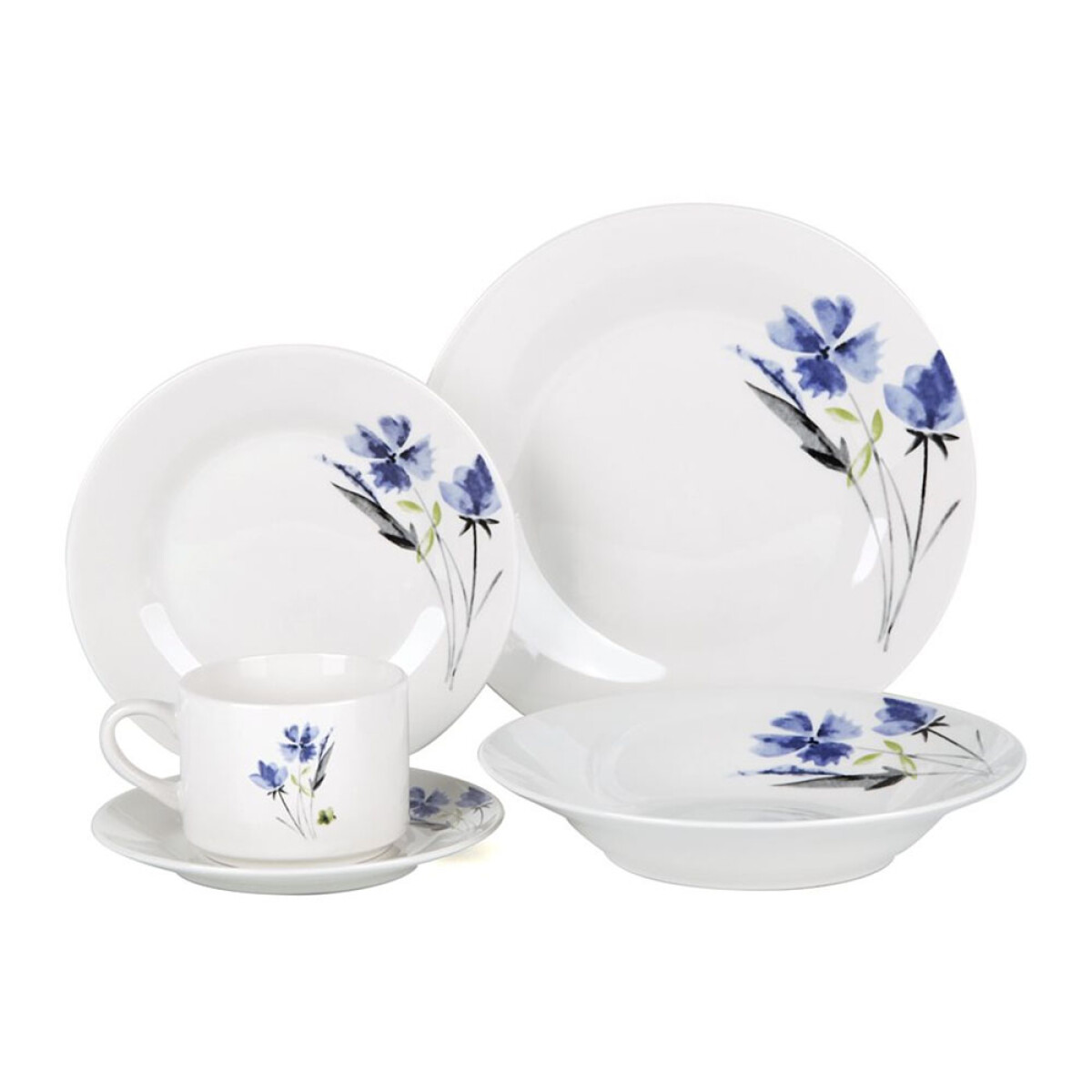 Juego Vajilla Porcelana 20 Piezas Platos Llanos Hondos Tazas - Flores Azules 