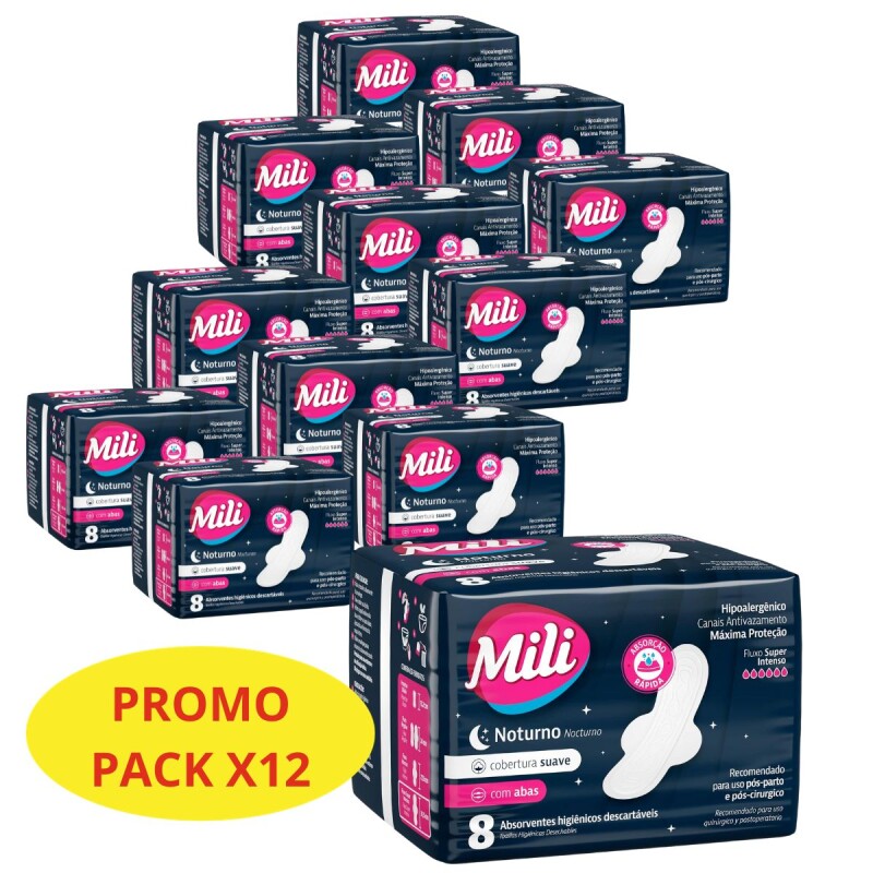 Mili Toalla Super Absorbente Nocturna Con Alas X8 Unidades Pack de 12