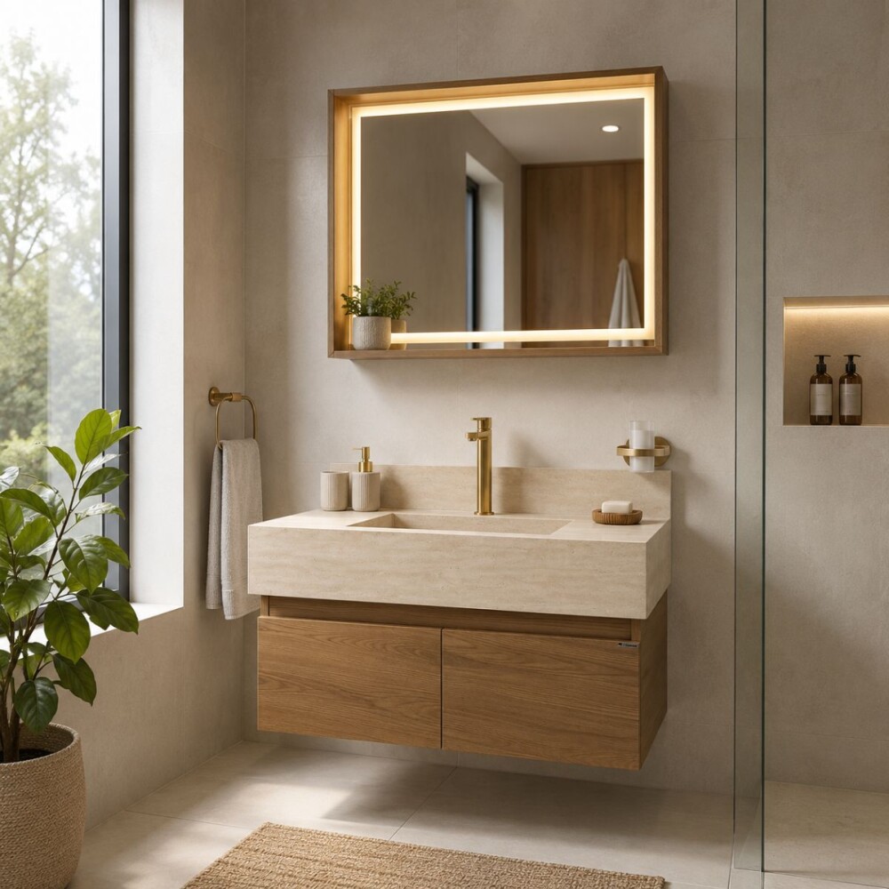 Mueble de baño Goya Jequitiba y mesada suspendida en porcelanato Napoles 80cm Travertino Mueble De Baño Goya Jequitiba Y Mesada Suspendida En Porcelanato Napoles 80cm Travertino