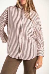 Camisa Rayada Con Lino Chocolate