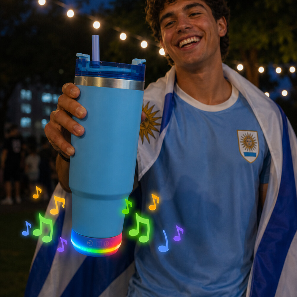 Vaso Termico de 600ml Con Parlante Celeste