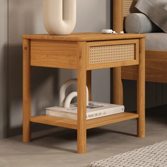 MESA DE LUZ MADERA MACIZA RATAN 2 CAJÓN DORMITORIO MESA DE LUZ MADERA MACIZA RATAN 2 CAJÓN DORMITORIO