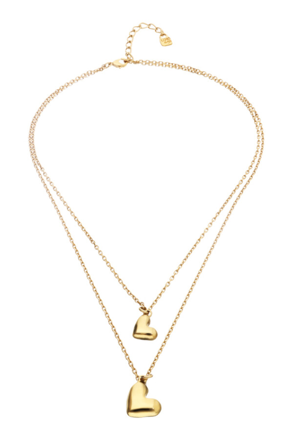 COLLAR DOBLE DE ALEACIÓN DE METALES BAÑADO EN ORO 18K CON DOS CORAZONES Colgante