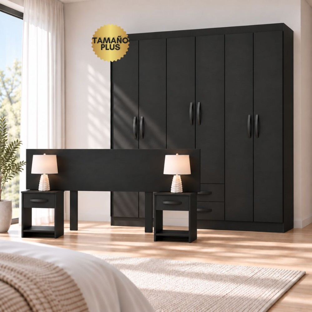 COMBO DORMITORIO - ROPERO PLUS 6 PUERTAS + RESPALDO CON 2 MESAS DE LUZ NEGRO
