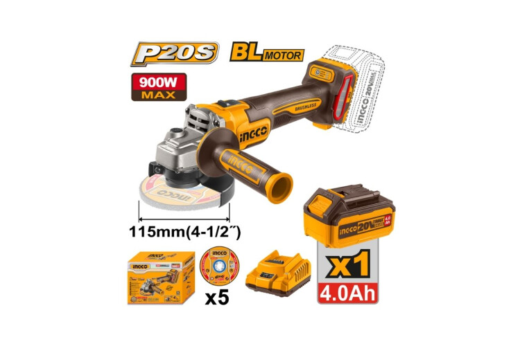 AMOLADORA ANGULAR 115MM A BATERIA P20S 20V BRUSHLESS + 5 DISCOS + BAT 4.0AH + CARGADOR AMOLADORA ANGULAR 115MM A BATERIA P20S 20V BRUSHLESS + 5 DISCOS + BAT 4.0AH + CARGADOR