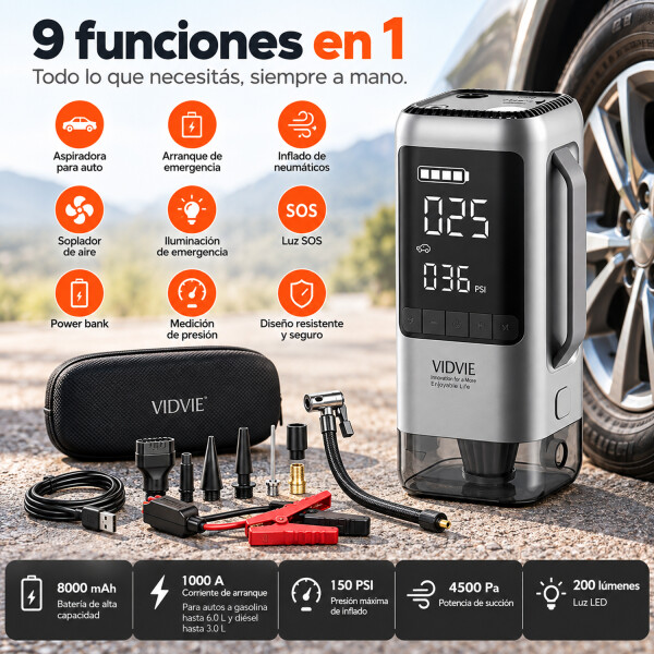 Arrancador De Emergencia Para Auto Vidvie Csp001 9 En 1 CARGADOR ARRANCADOR POWERBANK VIDVIE CSP