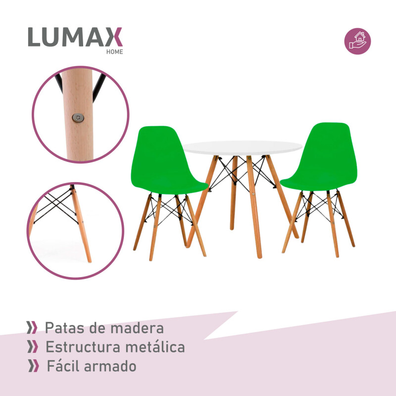 Juego de comedor Con Mesa Circular de 80cm + 2 Sillas Eames Verde