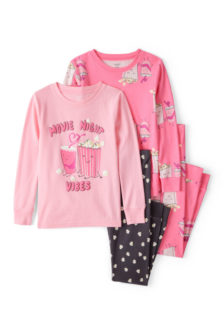 Pijama cuatro piezas de algodón, dos remeras manga larga y dos pantalones, diseño pop Sin color