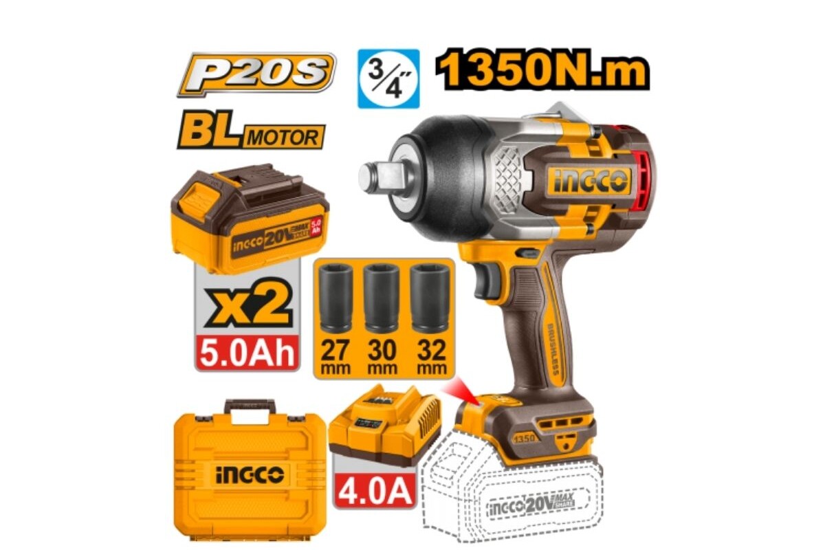 LLAVE DE IMPACTO A BATERÍA 20V P20S 3/4" 1350NM C/2BATERÍAS, CARGADOR, VALIJA + 3DADOS 27, 30, 32MM LLAVE DE IMPACTO A BATERÍA 20V P20S 3/4" 1350NM C/2BATERÍAS, CARGADOR, VALIJA + 3DADOS 27, 30, 32MM