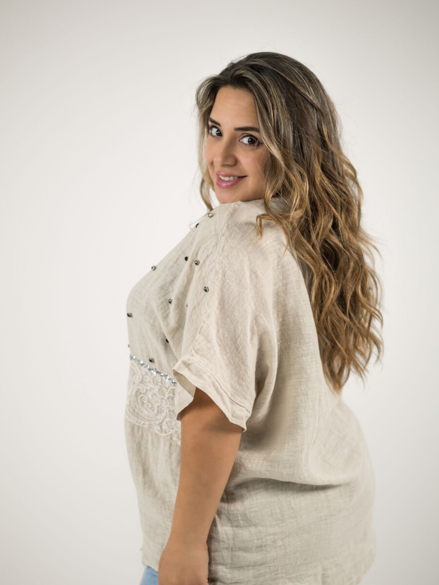 Blusa 100% lino Con strass bordado y lentejuelas Beige