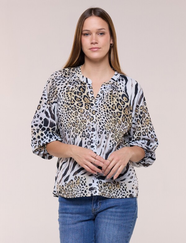 Blusa De Gasa Con Manga Abullonada MULTI/NEGRO