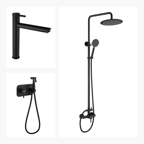 JUEGO DE GRIFERIA NEGRO BARRAL DE DUCHA LAVATORIO ALTO Y DUCHA HIGIENICA 000