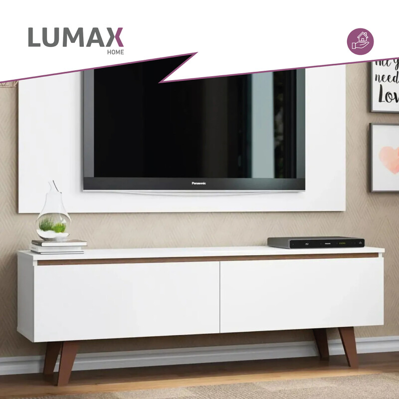 Rack TV mueble Lumax + panel rústico con estantes 55” Blanco/Blanco