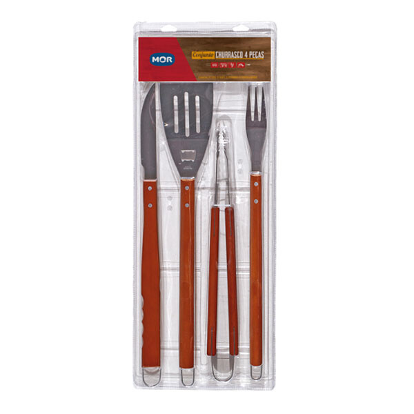 KIT ASADO 4 PIEZAS CUCHILLO, TENEDOR, ESPATULA, PINZA MANGO DE MADERA MARRON