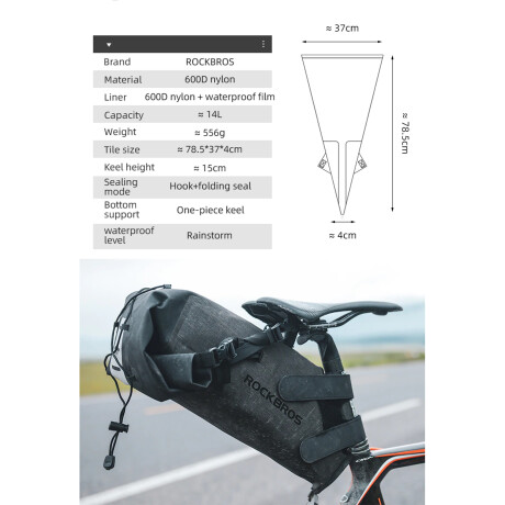 Bolso Plegable para Abajo del Asiento de Bicicleta Rockbros. Capacidad 10L. 2 Estilos de Armado. Pes 001