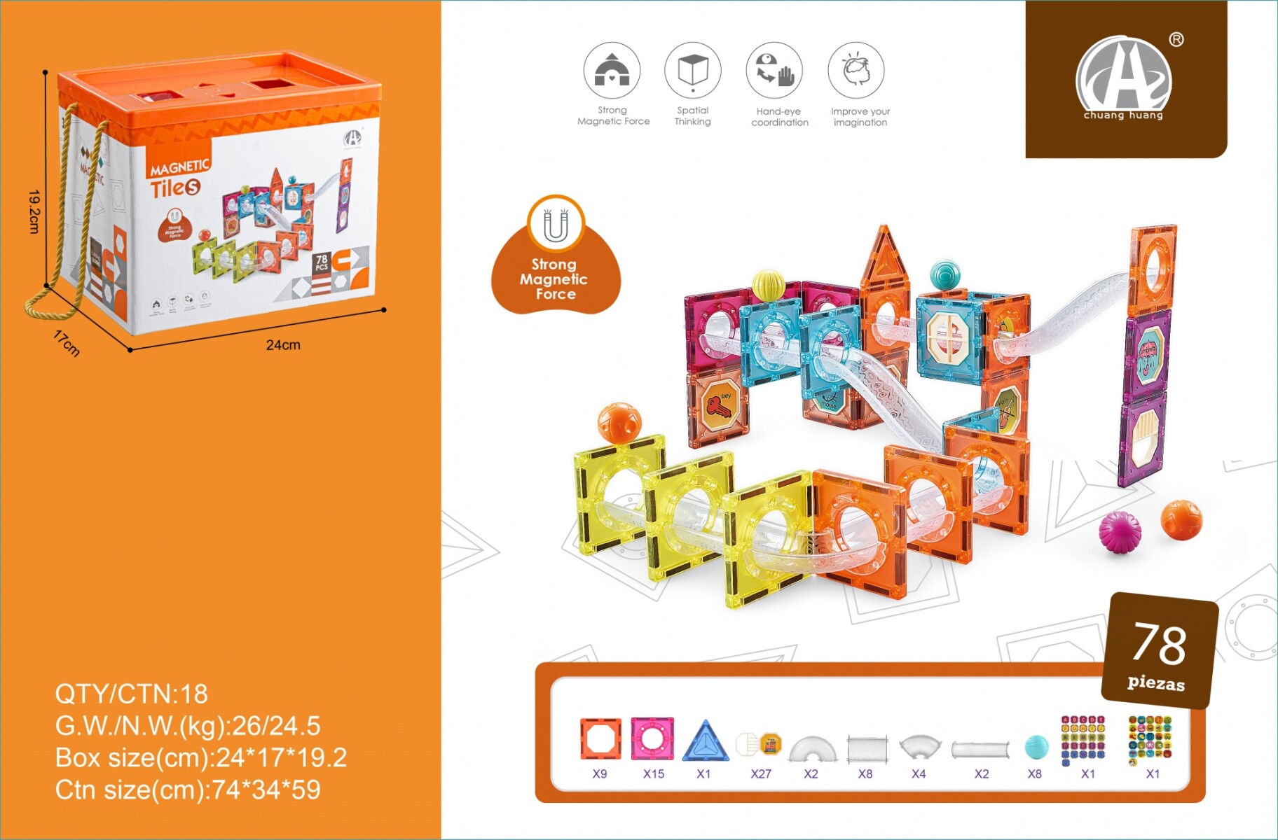 BLOQUES MAGNETICOS 78 PIEZAS (PISTA ILUMINADA Y PELOTA) 